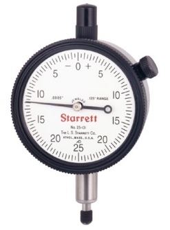 25-131J Starrett Dial Indicator, 0-25-0 dial reading, .0005 graduation, .050-.125 range, 2 1/4* dial